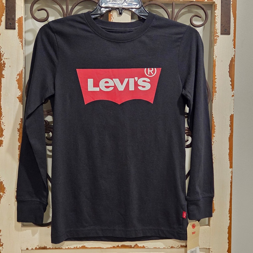 Levis Boys Black Batwing Logo Long Sleeve Graphic T-Shirt Size S 8-10 8646-023